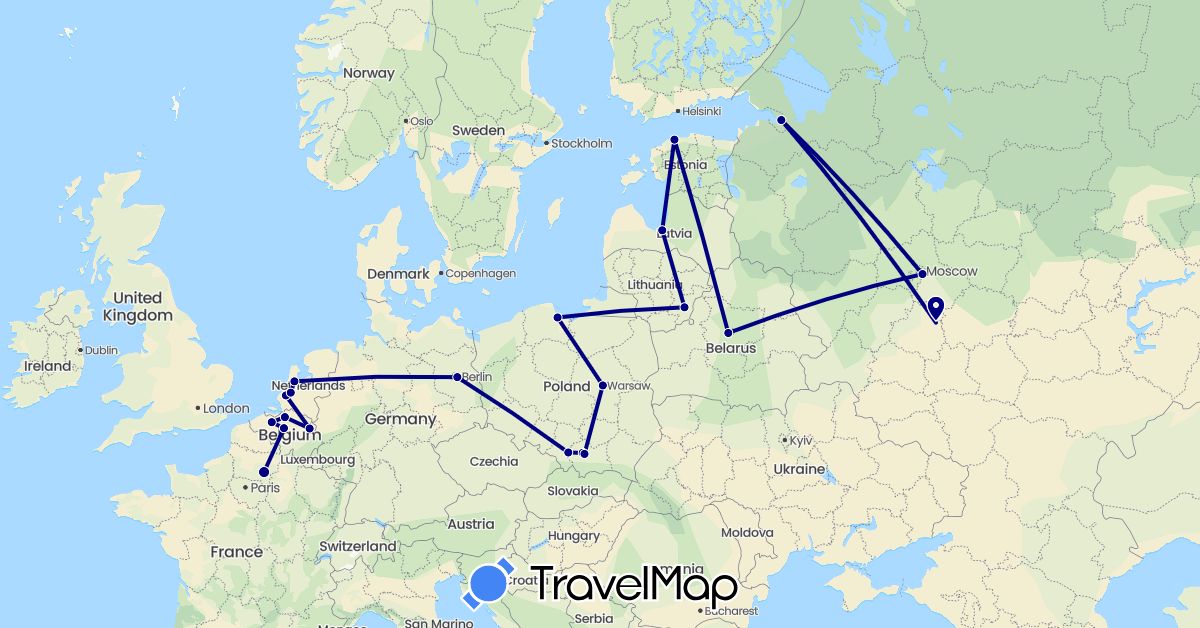 TravelMap itinerary: driving in Belgium, Belarus, Germany, Estonia, France, Lithuania, Latvia, Netherlands, Poland, Russia (Europe)