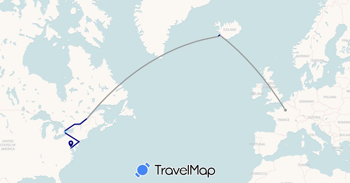 TravelMap itinerary: driving, plane, boat in Canada, France, Iceland, United States (Europe, North America)